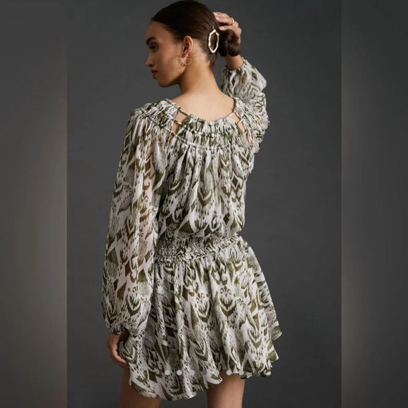 NWT MISA Crewneck Ikat Printed Mini Dress Size XS Moss Olive - Picture 4 of 15